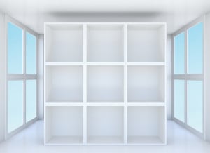 Empty showcase or bookshelf in clean room. Blue sky outside window. 3D illustration