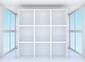 Empty showcase or bookshelf in clean room. Blue sky outside window. 3D illustration