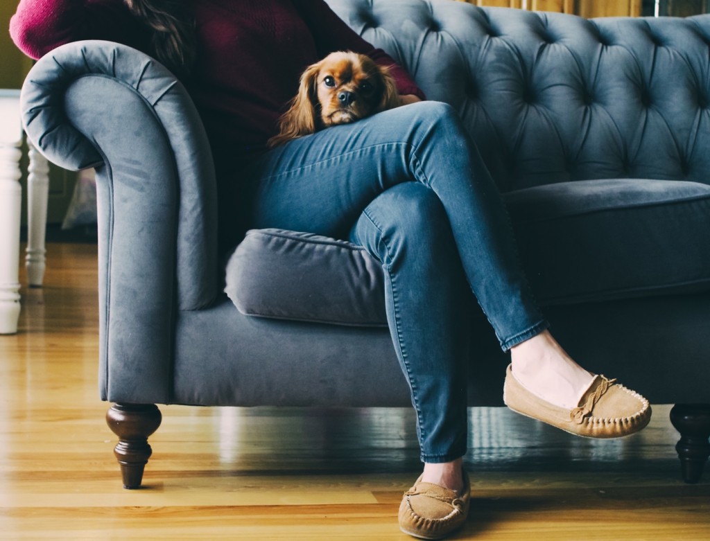 Woman on couch with lap dog